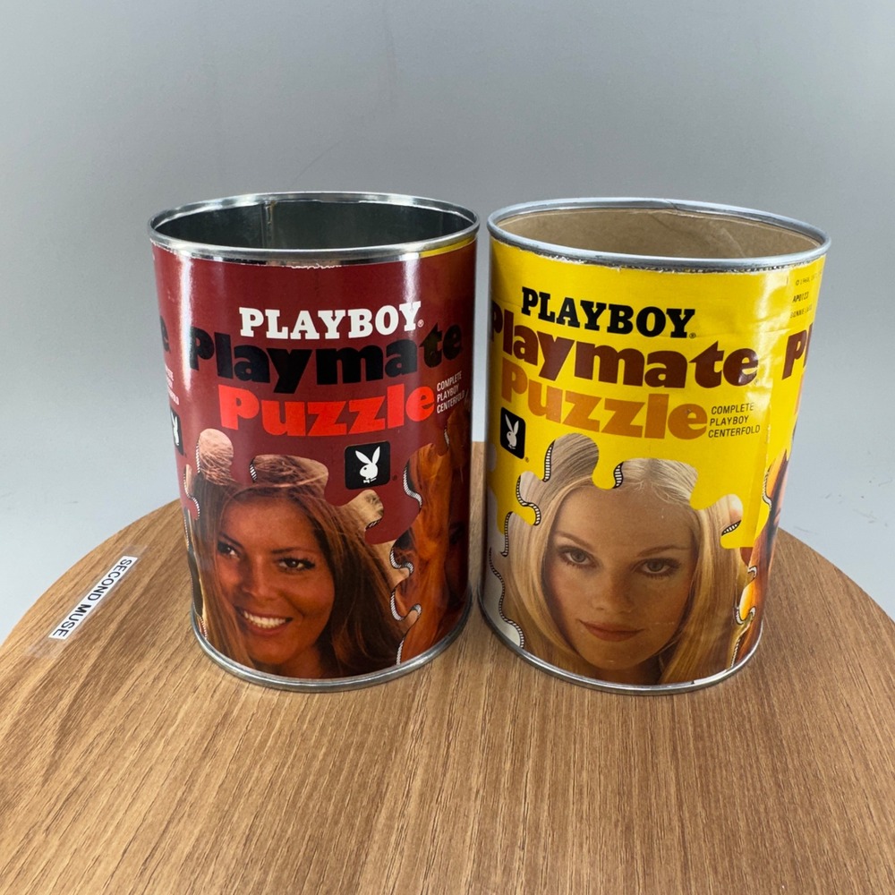 Vintage Playboy Playmate Puzzle Canisters Set of 2 Empty Containers 1970s Retro